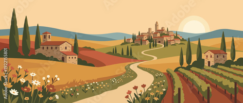 Flat vector illustration of a peaceful spring morning in a Tuscan hill town with cypress trees, rolling hills, vineyards, and a winding road under a warm sunrise in the Italian countryside.