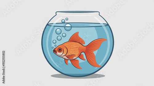 Vibrant orange goldfish swims in clear water of a round fishbowl with bubbles rising to the surface on a plain background
