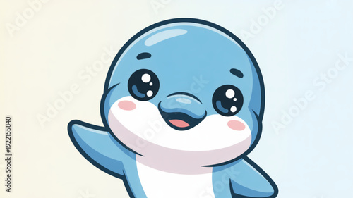 Smiling blue cartoon dolphin with big eyes and rosy cheeks on a gradient background
