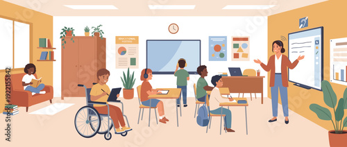 Modern inclusive classroom flat vector illustration featuring diverse students and teacher. Includes assistive technology like wheelchairs, hearing aids, tablets, and interactive smartboards.