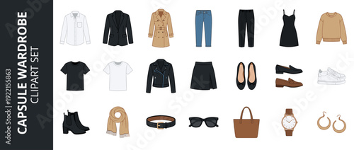 Vector Icon Set of 20 Capsule Wardrobe and Fashion Essentials in Flat Design; Minimalist Clothing and Accessory Illustrations Including Trench Coat, Blazer, Jeans, Shoes, Bag, and Jewelry.