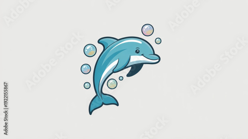 A playful blue dolphin jumping out of water surrounded by bubbles in a light background