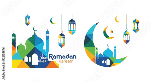 A colorful geometric ramadan kareem illustration featuring crescent moons lanterns and mosque silhouettes high quality professional detailed modern