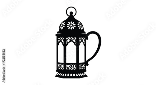 A detailed black silhouette depicts an ornate lantern with a curved handle and decorative cutouts high quality professional