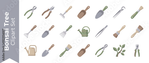 Professional vector icon set of 20 bonsai tree cultivation and gardening tools. Includes pruning shears, cutters, rakes, scoops, tweezers, watering cans, and brushes in a modern neutral palette.