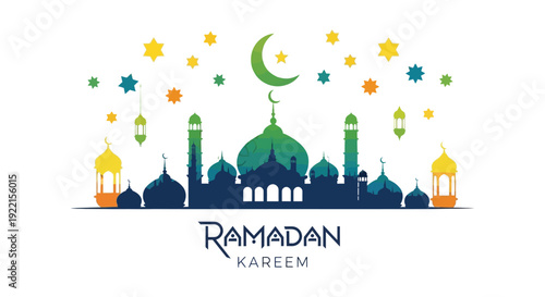 A colorful ramadan kareem illustration featuring a crescent moon stars a mosque silhouette and ornate designs high quality