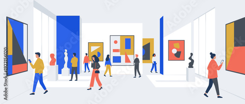 Modern Art Gallery Flat Vector Illustration with People Viewing Abstract Paintings and Sculptures in a Minimalist Museum Interior, Contemporary Exhibition with Visitors and Creative Artwork.