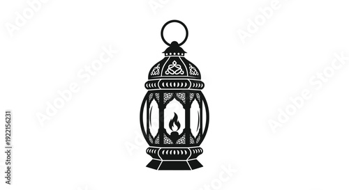 A detailed black and white illustration depicts an antique oil lantern with a glowing flame inside high quality