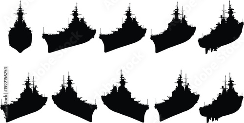 Battleship silhouette collection with detailed military warships in multiple front and side views isolated on white background, naval fleet and maritime defense concept