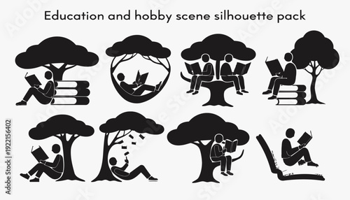 People reading and relaxing in nature with books and trees