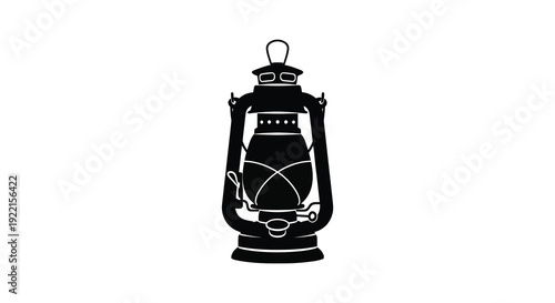 A stark black silhouette depicts a vintage oil lantern with a handle showcasing a classic design against a white background