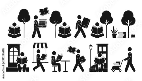 People reading and interacting with books in various settings