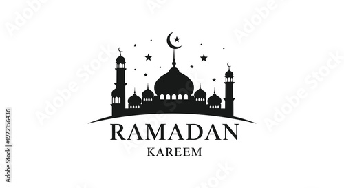 A stylized black silhouette depicts a ramadan scene with a crescent moon mosque and celebratory text high quality