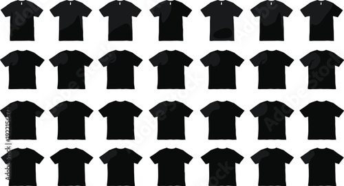 Black t shirt silhouette collection with multiple front view mockups isolated on white background, blank apparel template set for fashion design and print