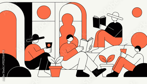 Modern people relaxing with books and coffee in stylish lounge