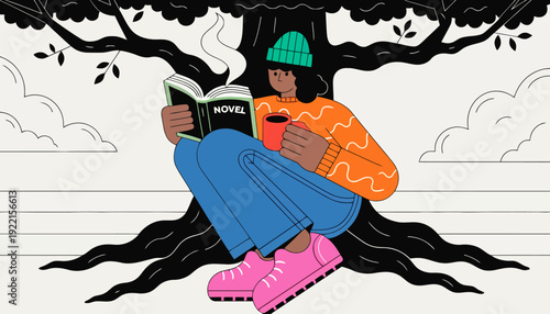 Relaxed woman reading novel under tree with coffee