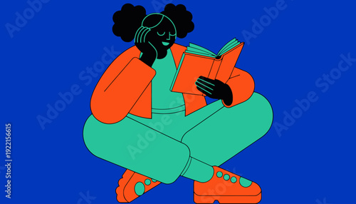 Woman reading book in relaxed sitting position with vibrant colors