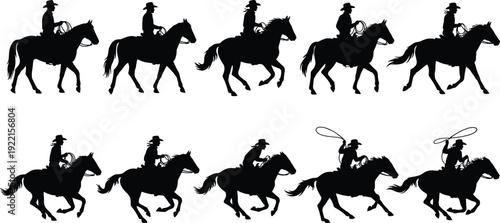 Cowboy riding horse silhouette collection with lasso in various galloping poses isolated on white background, western rodeo and ranch lifestyle concept set