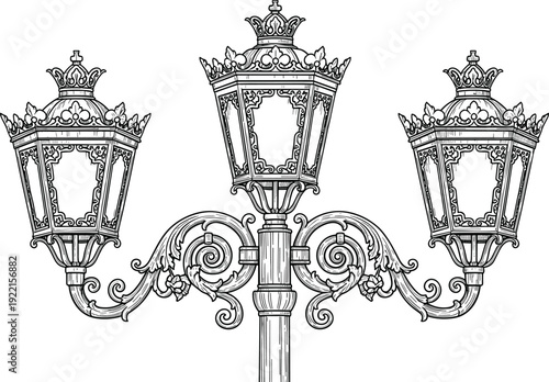 Vintage Ornate Street Lamp Post with Decorative Metal Lanterns Antique Black and White Engraving Style Vector Illustration