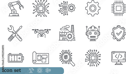 Print Industrial Robotics and AI Technology Icon Set Featuring Robotic Arms Neural Networks Microchips Automated Drones and Technical Security Symbols