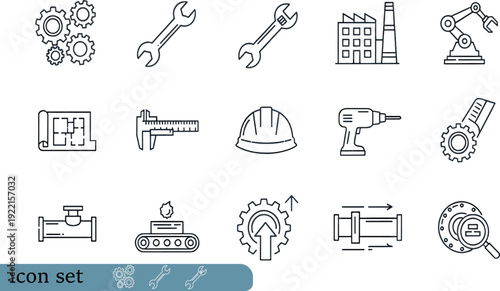 Print Mechanical Engineering and Precision Tools Icon Set Featuring Technical Blueprints Gears Industrial Valves and Quality Inspection Symbols