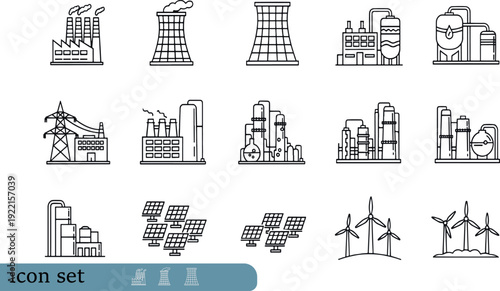 Print Comprehensive Heavy Industry and Energy Sector Icon Set Featuring Power Plants Cooling Towers Solar Panels Wind Turbines and Chemical Processing Facilities