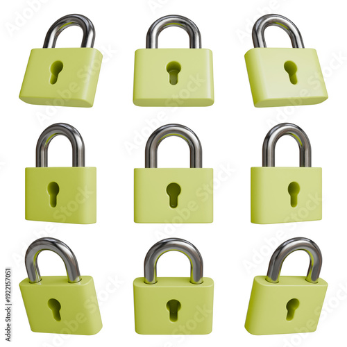 3D Illustration of lime green padlocks in various angles, set of secure lock icons on transparent background.