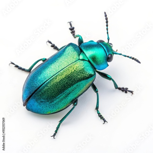 Iridescent Metallic Turquoise Beetle Captured in High-Fidelity Macro Photography on White Background