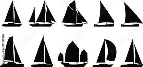 Sailboat silhouette collection with various yacht and sailing boat designs isolated on white background, nautical marine transportation and summer travel concept set