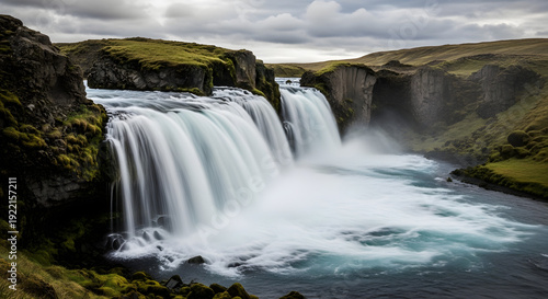 Majestic Goðafoss waterfall in Iceland, a breathtaking natural wonder with cascading water and lush green surroundings under a dramatic sky
