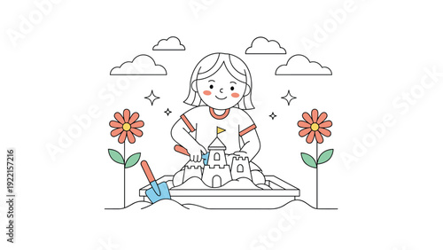 Cute line art illustration of a happy little girl playing in a sandbox and building a sandcastle, with flowers and clouds.