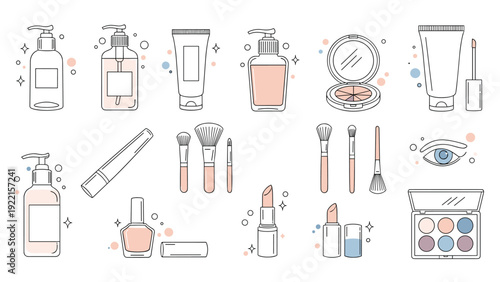 Elegant set of makeup and skincare product icons in a minimalist line art style with soft pastel color accents and sparkles.