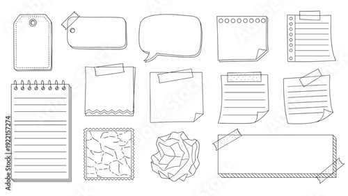 Set of hand-drawn sticky notes, paper scraps, and notebook pages in a sketchy black and white doodle line art style vector.