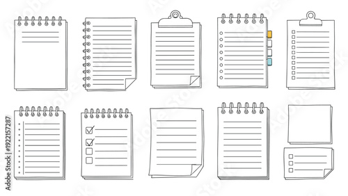 Collection of hand-drawn spiral notebooks and notepads in a sketchy line art style, featuring various lined and checklist pages.