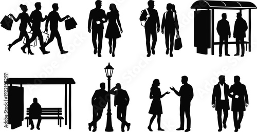 Urban people silhouette collection with shoppers, couples, business professionals and bus stop passengers isolated on white background, modern city lifestyle and commuting concept set
