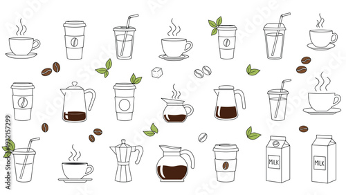 Large collection of coffee-related icons in a simple dashed line art style, including cups, pots, and coffee beans with mint leaves.