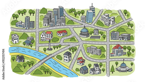 Hand-drawn doodle map of a city showing various buildings, roads, a river, and green spaces in a simple, charming art style.