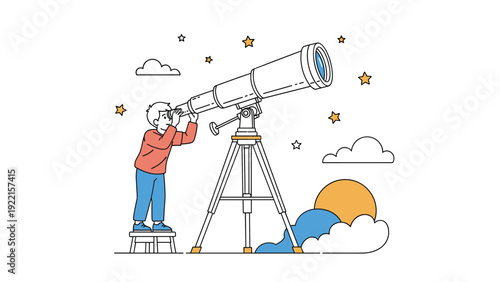 Line art illustration of a young boy looking at the stars and planets through a large telescope on a tripod at night.