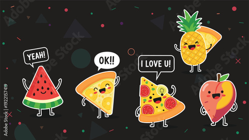 Fun collection of cute food character stickers with expressive faces, including watermelon, pizza, pineapple, and a peach.