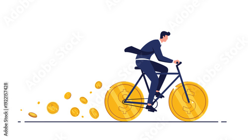 Businessman in a suit riding a bicycle with large gold coins as wheels, symbolizing financial growth and smart investment.