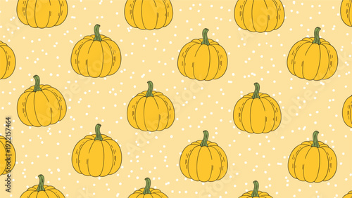 Seamless autumn pattern of hand-drawn yellow pumpkins with white polka dots on a light orange background for Thanksgiving.