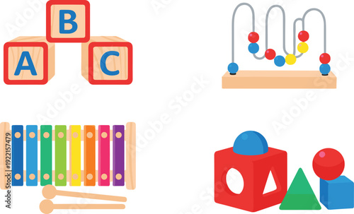 Educational Toys Collection with Alphabet Blocks, Abacus, Xylophone and Shape Sorter for Kids Learning Cartoon Vector Illustration