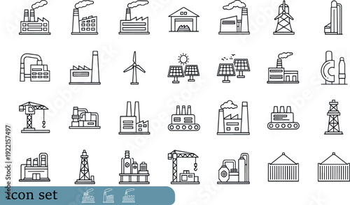 Print Comprehensive Heavy Industry and Energy Production Icon Set Featuring Construction Machinery Robotic Automation Nuclear Power and Renewable Energy Symbols