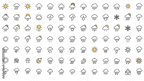 Large collection of weather forecast line icons, including symbols for sun, clouds, rain, snow, and thunderstorms on white.