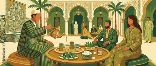 Traditional Moroccan mint tea ceremony flat vector illustration featuring people in djellabas and kaftans in an ornate riad courtyard with arches, mosaics, palm trees, and decorative lanterns.