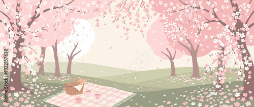 Flat Vector Illustration of a Serene Spring Cherry Orchard with Pink Sakura Blossoms Falling Like Snow onto a Picnic Blanket with a Basket and Tea Cups in a Scenic Green Meadow Landscape