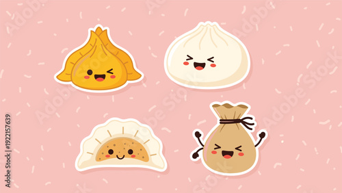 Set of four adorable kawaii dumpling stickers with cute smiling faces, representing various types of Asian dim sum and wontons.