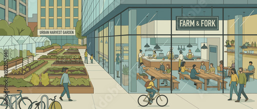 Modern urban farm-to-table restaurant illustration with outdoor community garden, greenhouses, and busy indoor dining area. People eating healthy food in a sustainable, eco-friendly city setting.