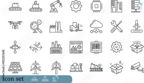 Print Advanced Industry 4.0 Icon Set Featuring Smart Factory Systems Renewable Energy Solutions Robotic Automation and Cloud Logistics Symbols