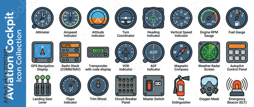 Vector Icon Set of 24 Pilot Cockpit and Aviation Instruments in Flat Design Style; Includes Altimeter, Airspeed Indicator, Attitude Indicator, GPS Navigation, Radio Stack, Transponder, and Radar.